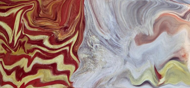 This marbled composition feels alive, as if the material were melting and reshaping itself in real time. On the left, deep reds and vibrant golds create an intense, almost volcanic motion. 