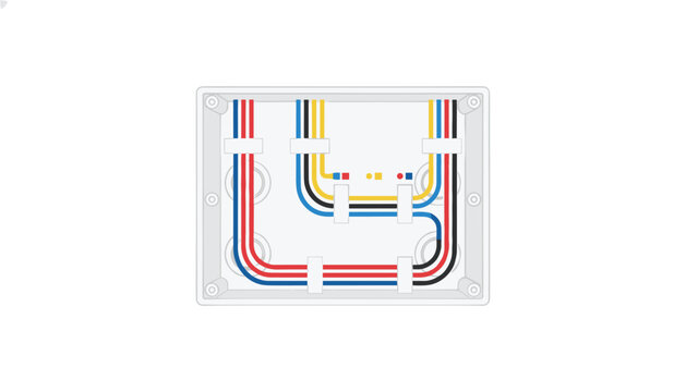 Electrical junction box interior showing organized routing of colored insulated wires for residential or industrial power distribution systems.