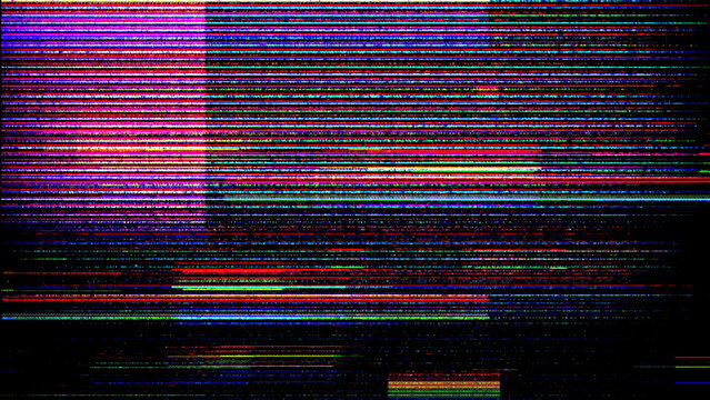 Intense digital glitch art with numerous colorful horizontal lines and pixelated noise.