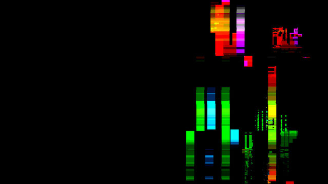 Abstract digital glitch art background with colorful static, distortion, and pixel errors on black screen.