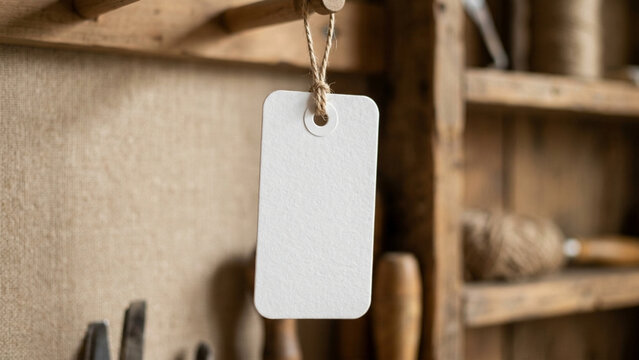A blank white tag with a string hangs from a wooden peg in a rustic workshop environment.