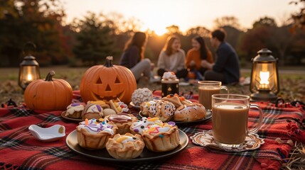 Fototapeta premium Autumn Halloween Picnic with Pumpkin Desserts, Hot Drinks, Lanterns and Friends at Sunset in Park