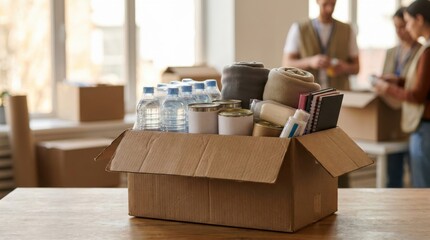 Donation box with water bottles and supplies for humanitarian aid