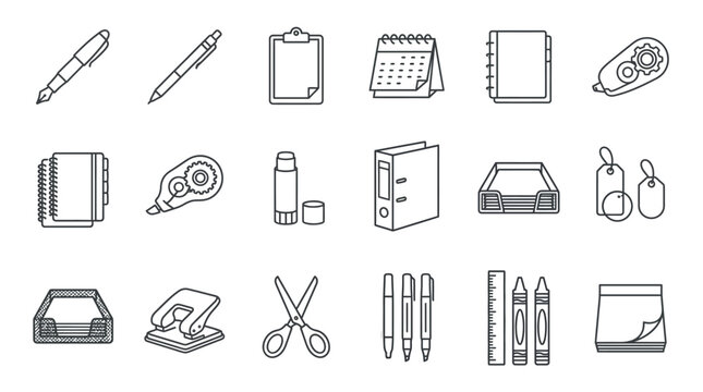 A comprehensive collection of line art icons depicting various office and school supplies, including pens, notebooks, binders, scissors, and sticky notes.