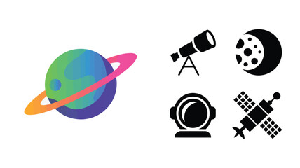 Colorful planet with ring and space exploration icons set © Bilal