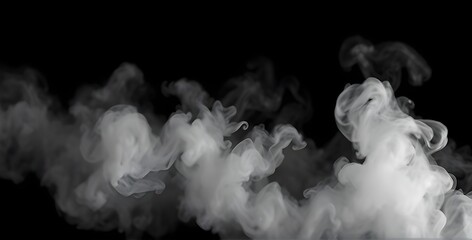 Obraz premium Realistic thick white fog and smoke rolling horizontally across the frame. The smoke is isolated on a completely solid black background. Volumetric