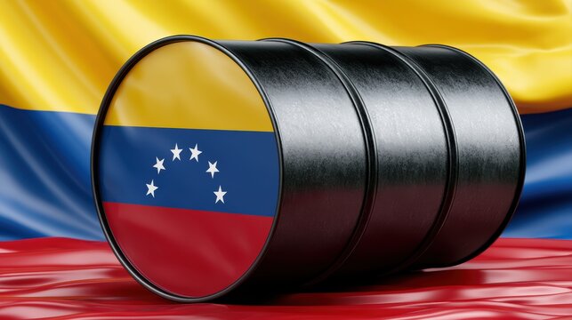 Venezuela flag with oil barrel illustrating petroleum economy and resource wealth