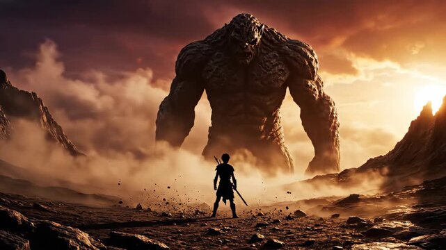 Silhouette of Young Warrior with Sword Facing Massive Rocky Giant in Misty Landscape at Sunset