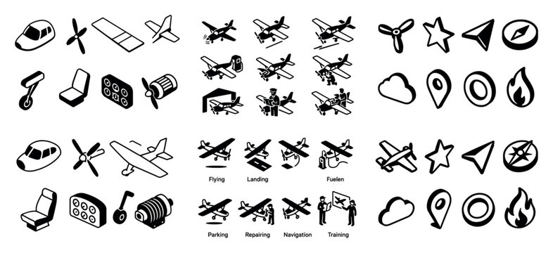 Aviation icons with plane propeller outline