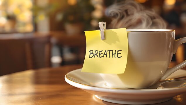 Steaming coffee rests on a sunlit table. A note reminds us to breathe and find inner peace.