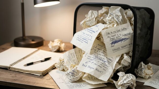 Trash bin full of crumpled handwritten papers on wooden writer desk
