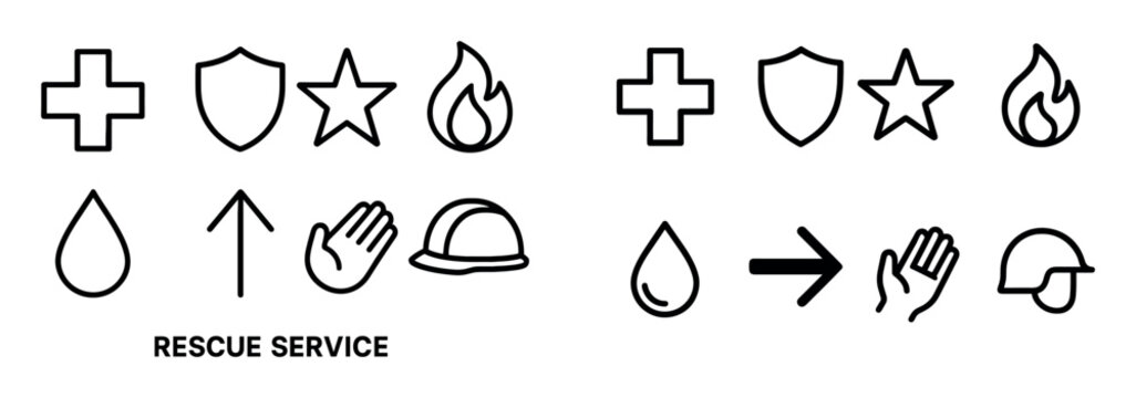Rescue icons with cross shield flame outline style
