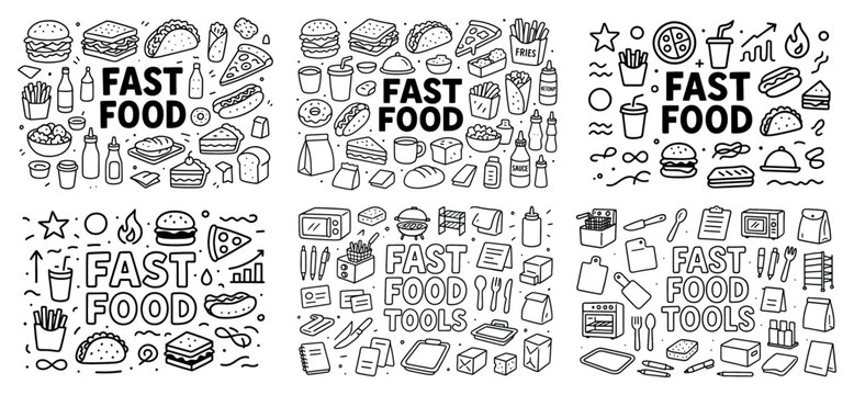 Fast food icons with burger pizza fries outline