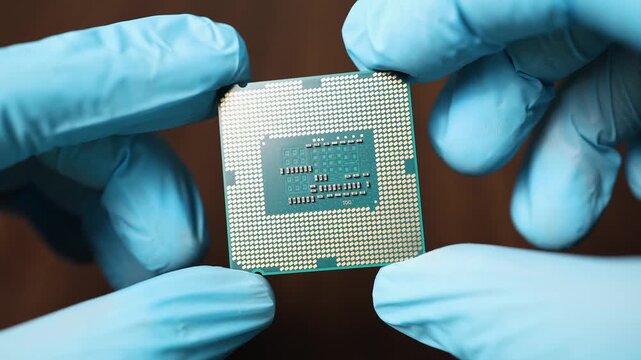 Close up view of hands in blue gloves holding CPU microchip module. Concept of global semiconductor shortage, high tech microelectronic component deficit and artificial intelligence development.