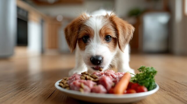 A cute puppy with brown and white fur eagerly devours its meal, showcasing its playful and joyful nature in a cozy kitchen environment filled with warmth.