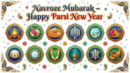 Fototapeta premium Colorful Navroze Mubarak symbols collection for Parsi New Year celebration design