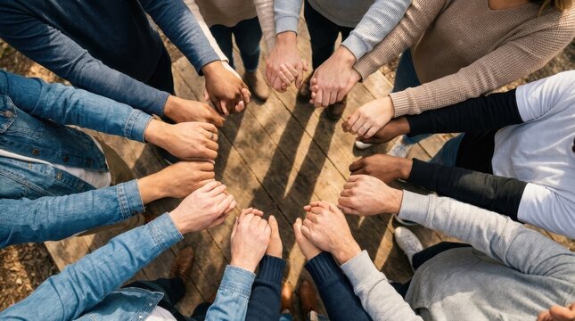 Diverse group of person holding hands in circle over wooden table for unity