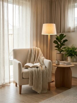 Cozy armchair with open book blanket and floor lamp in living room