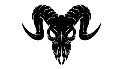 Ram Skull Silhouette: A striking silhouette of a ram's skull, featuring prominent, curved horns and a menacing facial structure, rendered in stark black and white for a bold graphic impact. © md