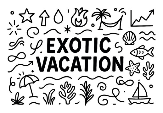 Exotic icons with palm tree hammock seashell doodle style
