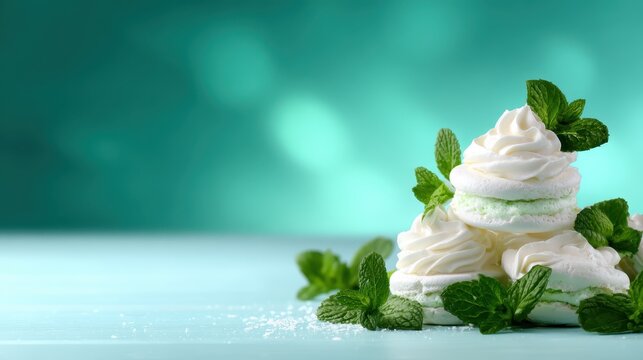 A delicious display of mint-flavored meringues topped with whipped cream and fresh mint leaves captures the essence of sweet indulgence and culinary creativity for dessert lovers.