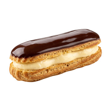 Delicious chocolate eclair with vanilla cream filling, a classic french pastry dessert, isolated on transparent background