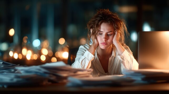 A weary woman sits at her desk, surrounded by piles of paperwork, demonstrating the emotional toll of late-night work and the challenge of balancing responsibilities.