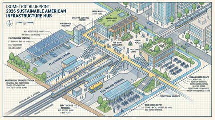 Fototapeta premium Sustainable Urban Infrastructure Hub Blueprint 2026 Design