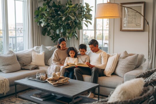 happy diverse family having quality time at home in the living room. Cozy flat or apartment scene with family reading together, neutral color palette and natural light. 