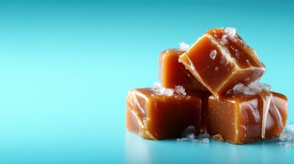 Fototapeta premium A tempting visual of shiny caramel candies stacked neatly against a smooth blue surface, perfect for invoking cravings and representing the joy of sweet treats.