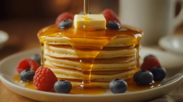 Golden maple syrup slowly cascading over a stack of fluffy pancakes with fresh berries and butter melting, cinematic breakfast scene