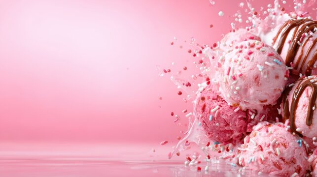 This dynamic image features colorful ice cream scoops topped with sprinkles, beautifully splattered against a soft pink background, symbolizing fun, sweetness, and indulgence.