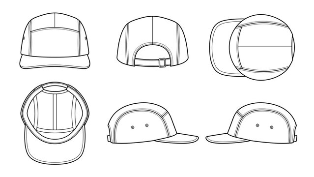 5 Panel Runner Hat Technical Drawing Illustration Blank Athletic Mock-up Template for Design and Tech Packs CAD Camper Cap