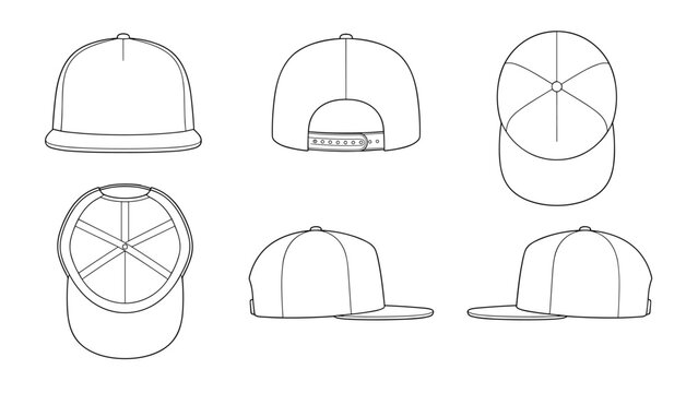 Snapback Flat Bill Hat Technical Drawing Illustration Blank Streetwear Mock-up Template for Design and Tech Packs CAD Urban Cap