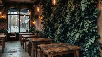 Fototapeta premium Artificial trailing plant ceiling creates a green restaurant wall with wood tables and lights