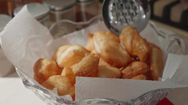 Traditional Turkish Fried Dough Called Pisi in Glass Bowl