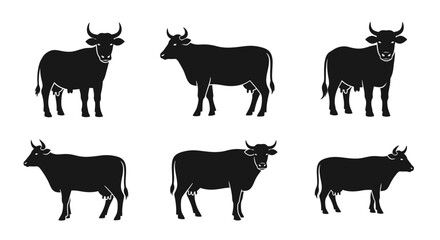 Fototapeta premium Set of six black cow silhouettes isolated on white background