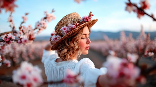 A lovely woman in a floral hat surrounded by blooming cherry blossoms creates a picturesque setting full of spring beauty, evoking feelings of joy and peace in nature's embrace.