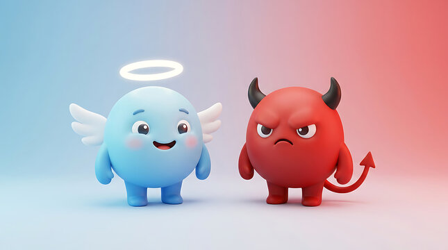 Cute 3D Angel and Devil Characters Representing Good and Evil Duality Contrast