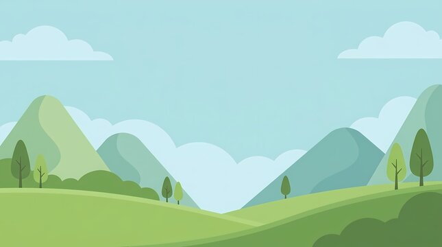 Flat illustration of green rolling hills and mountains under a blue sky with clouds
