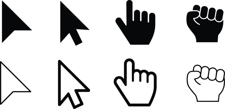 Cursor and hand icons, pointer, clicking, selection, arrow, computer interface, digital, vector illustration