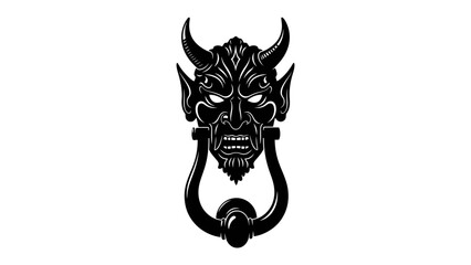 Fototapeta premium Gargoyle Door Knocker: A menacing gargoyle, cast in black, adorns an old door, its fierce gaze and wicked grin promising a dark welcome.