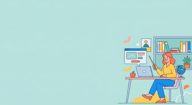 Textless flat vector web banner illustration of a female teacher conducting an online class with copy space