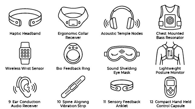 Set of wearable technology line icons featuring haptic headband and sensory feedback devices.