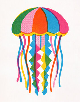 Vibrant colorful jellyfish in retro risograph style