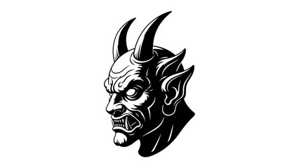 Demonic Visage: A striking black and white illustration of a demon's head, featuring sharp horns, piercing eyes, and a snarling expression, conveying a sense of menace and dark power. © md