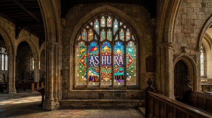 Obraz premium A serene interior view of an old stone church featuring a prominent stained-glass window with the word 'ASHURA' centered, surrounded by intricate Gothic architectural details and arched pillars.