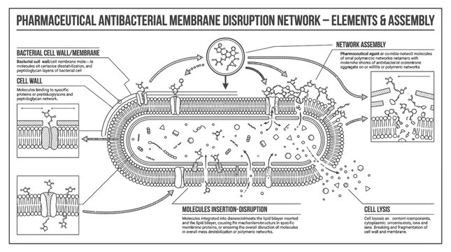 Antibacterial membrane disruption network bacterial cell diagram