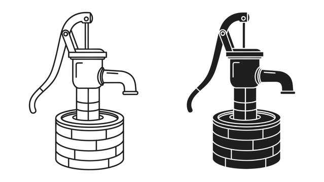 Water Pump Illustration: Two monochrome illustrations showcase a vintage water pump atop a brick well, offering a classic depiction of an essential water source.