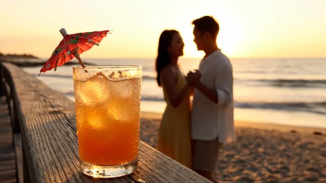 Refreshing Orange Cocktail on a Beach Railing with a Blurred Couple Dancing at Sunset